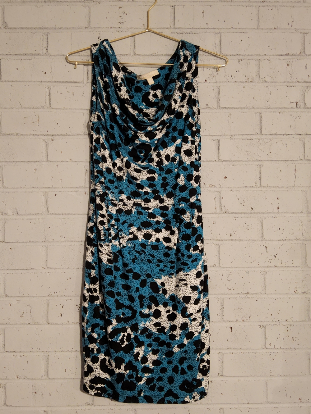 Banana Republic Blue, Black & White Leopard Print Cowl Neck Dress
